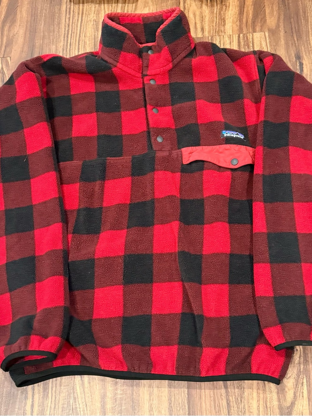 Patagonia Synchilla Pullover Mens Medium Red Black Fleece Buffalo Plaid Snap-T